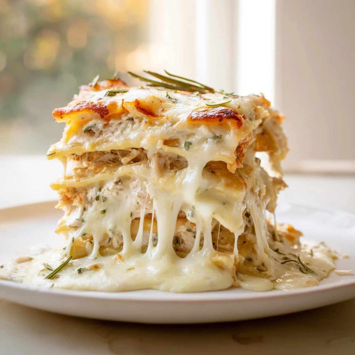 Close-up of a forkful of savory, comforting Rosemary Chicken Lasagna, ready to enjoy.