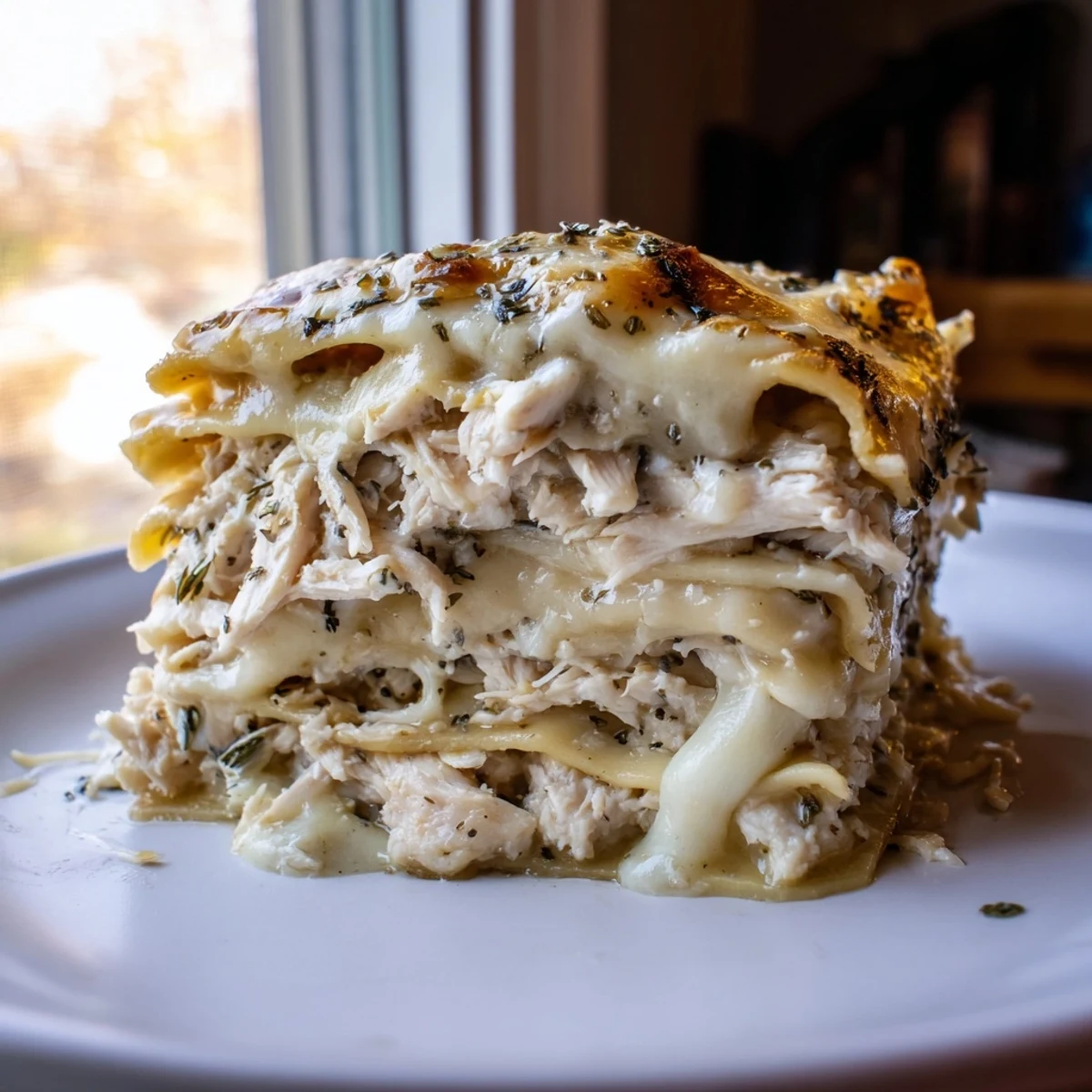 Melting mozzarella and parmesan atop layered Rosemary Chicken Lasagna in a baking dish.
