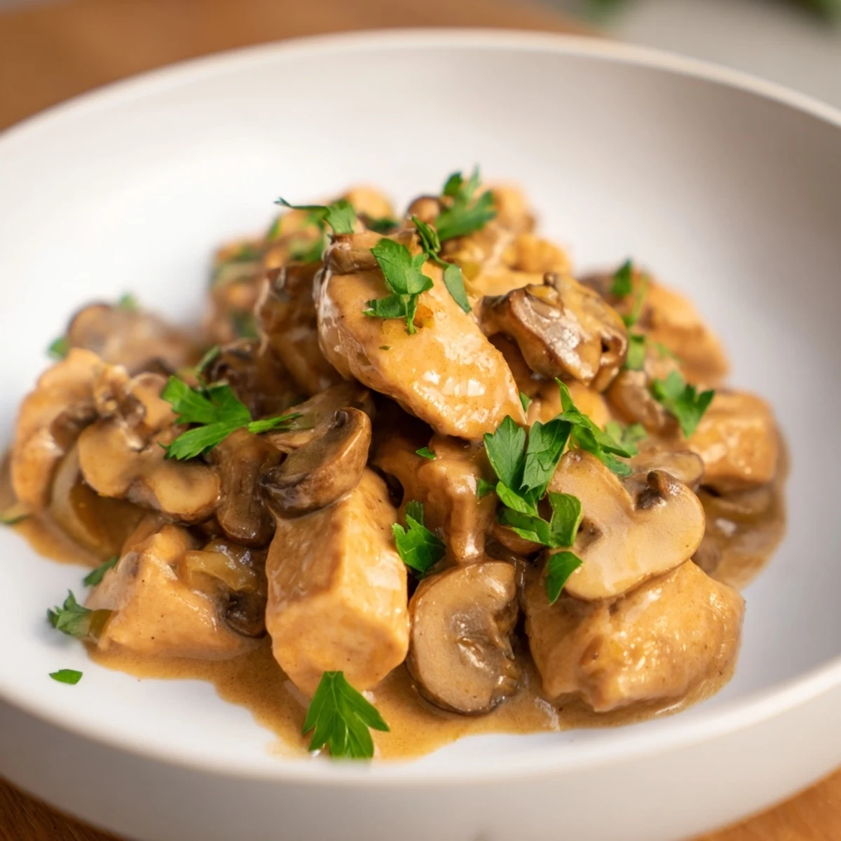 Creamy Chicken Stroganoff, a steaming bowl of tender chicken and mushrooms in a rich, creamy sauce.