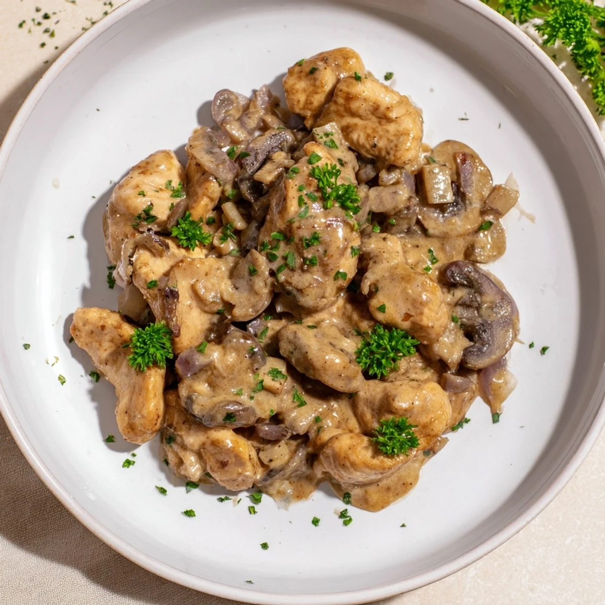 Enjoy a comforting plate of Creamy Chicken Stroganoff, served over fluffy noodles, a truly satisfying meal.