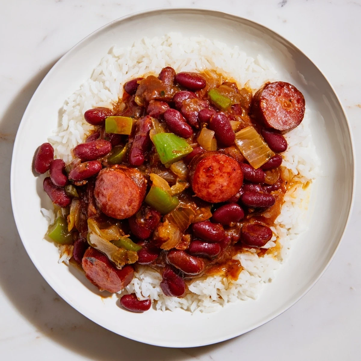 Steaming bowl of Red Beans & Rice, a Creole classic, with sausage and creamy texture, ready to eat.