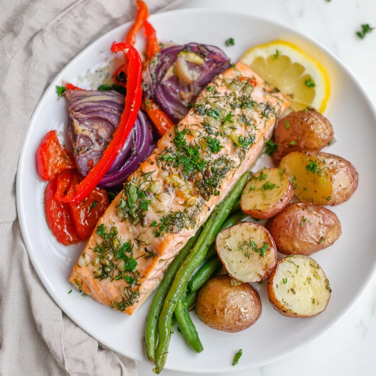 Fresh, herb-infused Lemon Herb Salmon & Potato Sheet Pan, a complete and flavorful meal.
