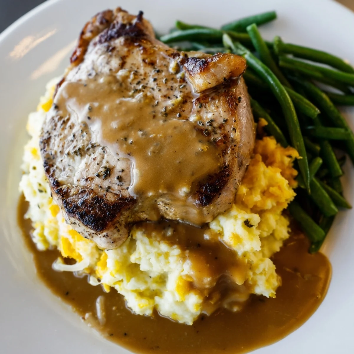 Tender Pork Chops & Cheddar Mash Bowl, a hearty meal with creamy potatoes and savory pan gravy.