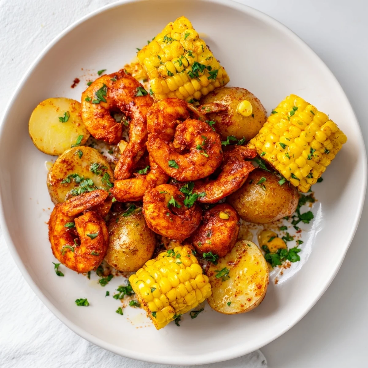 Golden-brown Cajun Shrimp & Sweet Corn Platter, sizzling fresh from the oven, offering a bold taste.