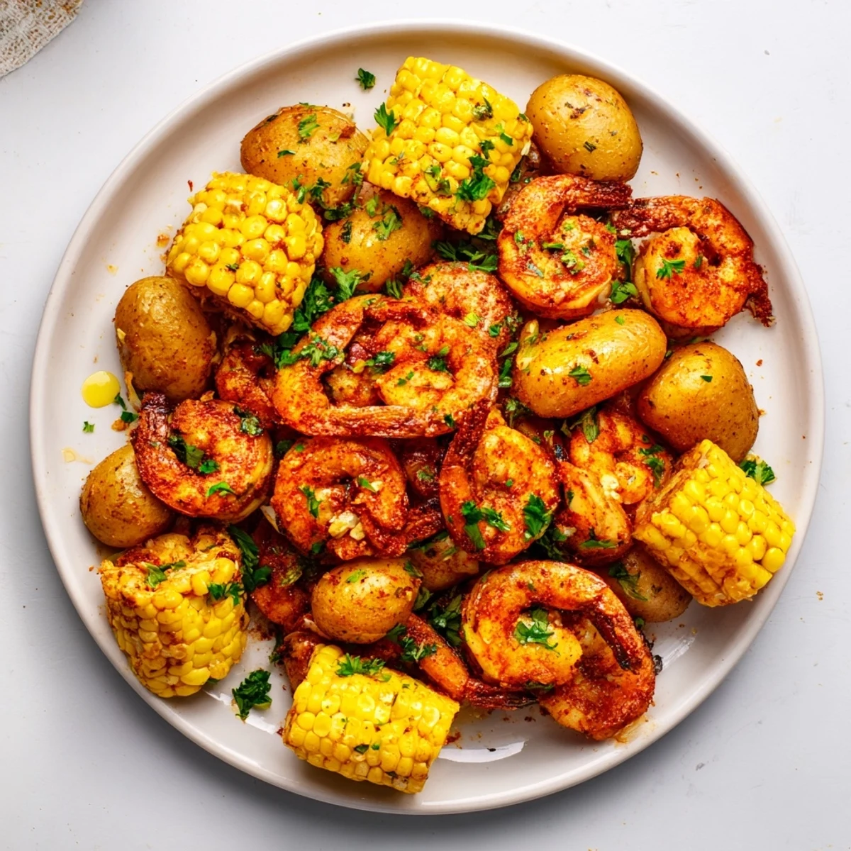 Flavorful Cajun Shrimp & Sweet Corn Platter, showcasing perfectly roasted shrimp and tender corn, ready to eat!