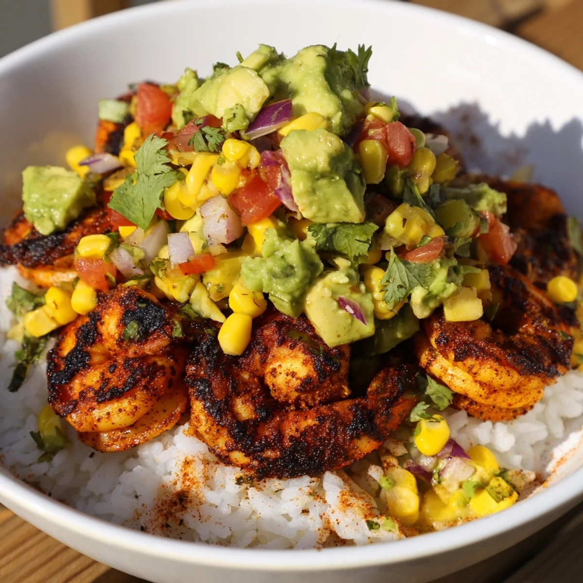 Spicy blackened shrimp bowl with creamy avocado salsa served with fluffy rice and a lime wedge.
