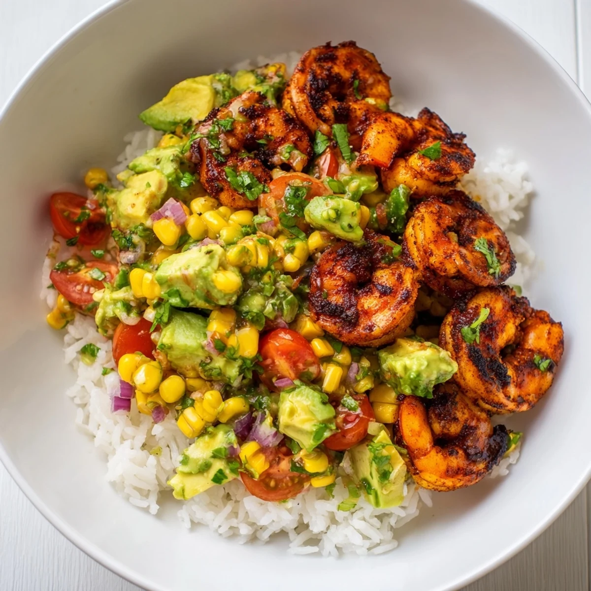 Delicious Blackened Shrimp Bowl: grilled shrimp atop rice, covered with fresh, chunky avocado salsa.