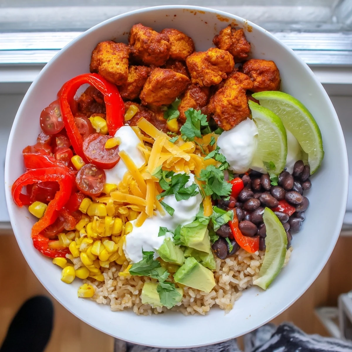 A close-up of sheet pan chicken burrito bowls, showcasing a delicious Southwestern-style dinner option.