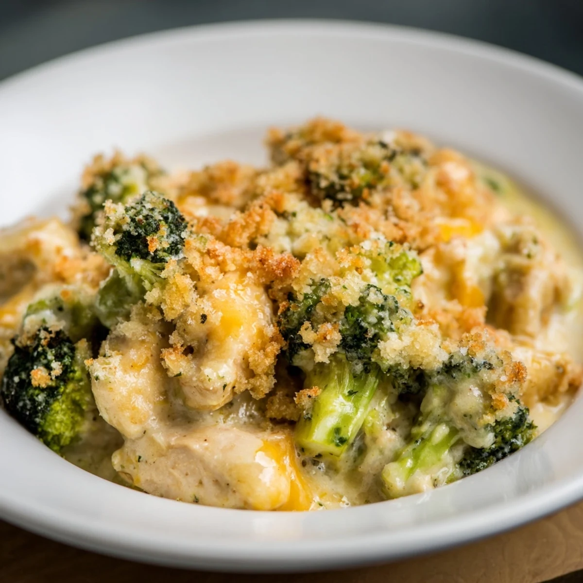 Golden-topped Chicken & Broccoli Cheddar Bake with bubbly cheese and tender chicken visible.