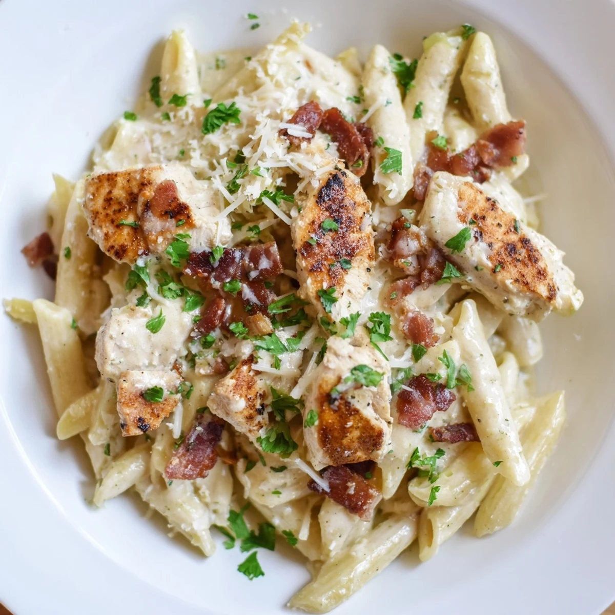 Golden Ranch Chicken & Bacon Penne tossed in a rich, flavorful sauce, ready to be served.