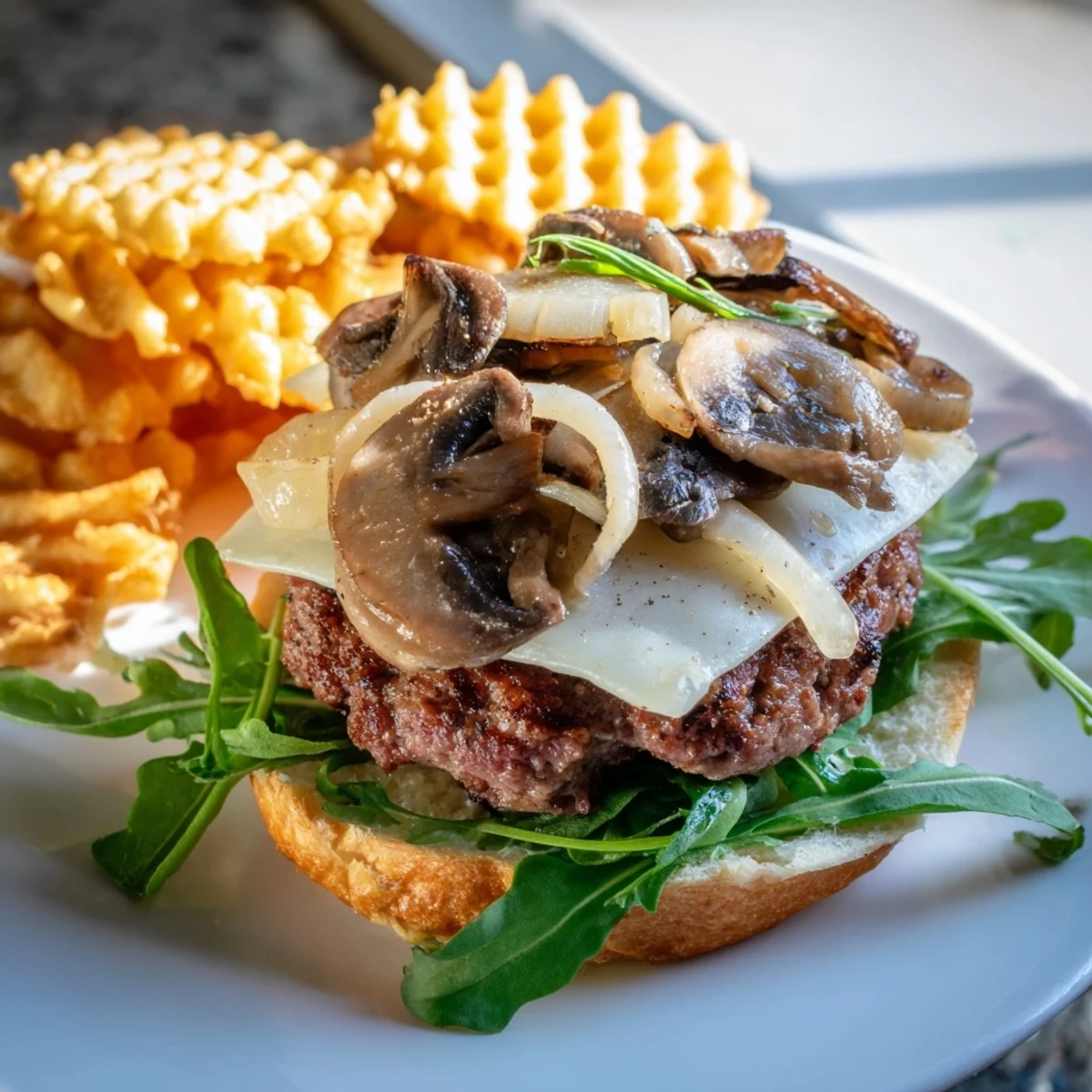 Homemade Mushroom Swiss Burger: a flavorful beef patty and cheese, ready with waffle fries.