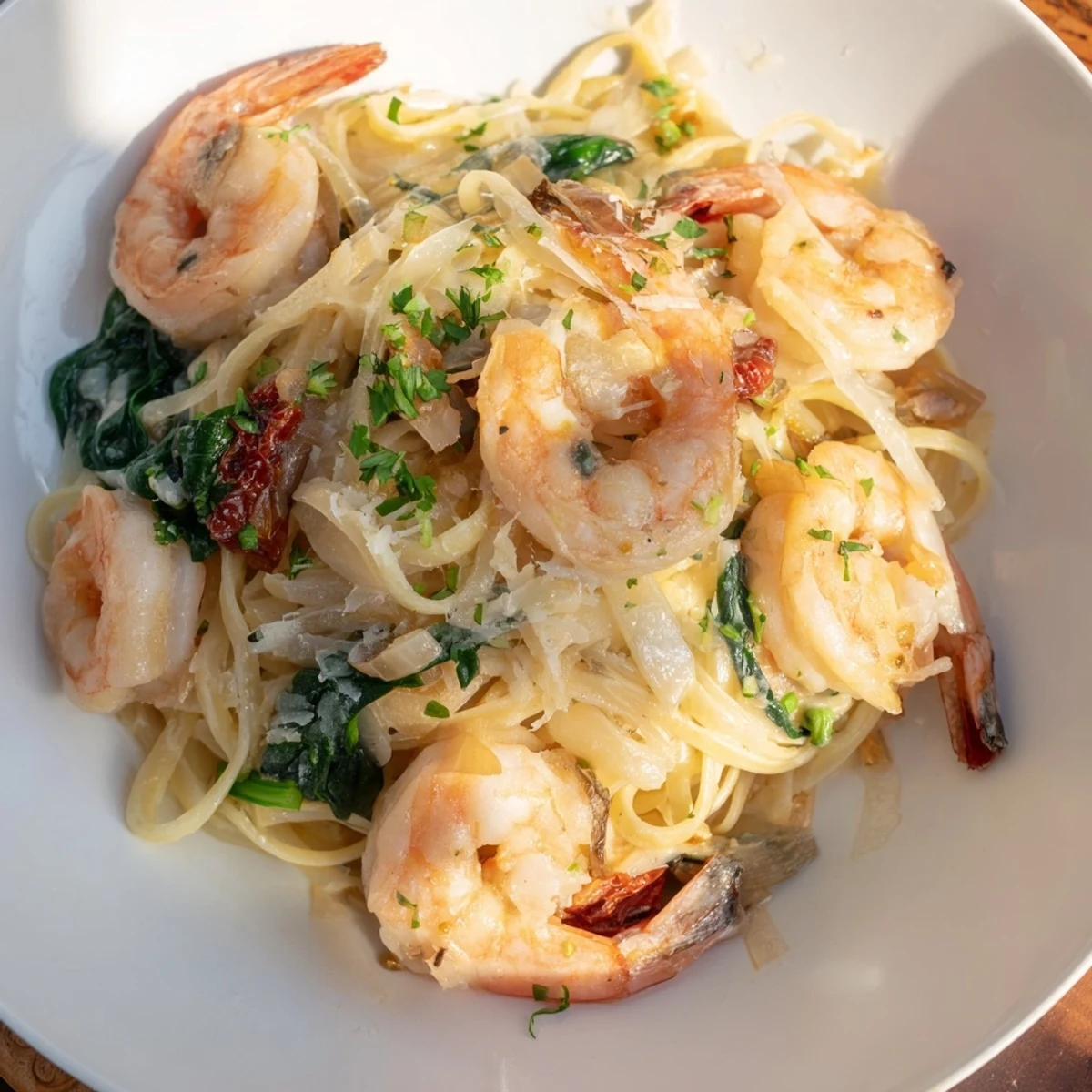 Steaming Tuscan Garlic Shrimp Pasta, a delicious Italian dinner with creamy sauce and herbs.