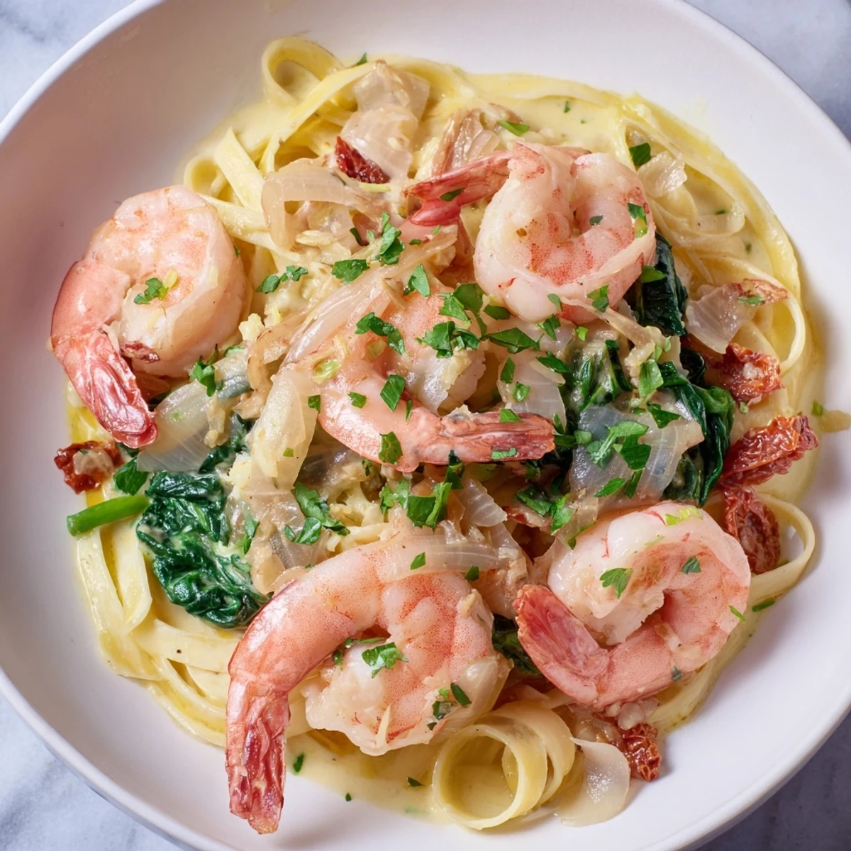 A close-up shot of Tuscan Garlic Shrimp Pasta featuring perfectly cooked shrimp and fettuccine.