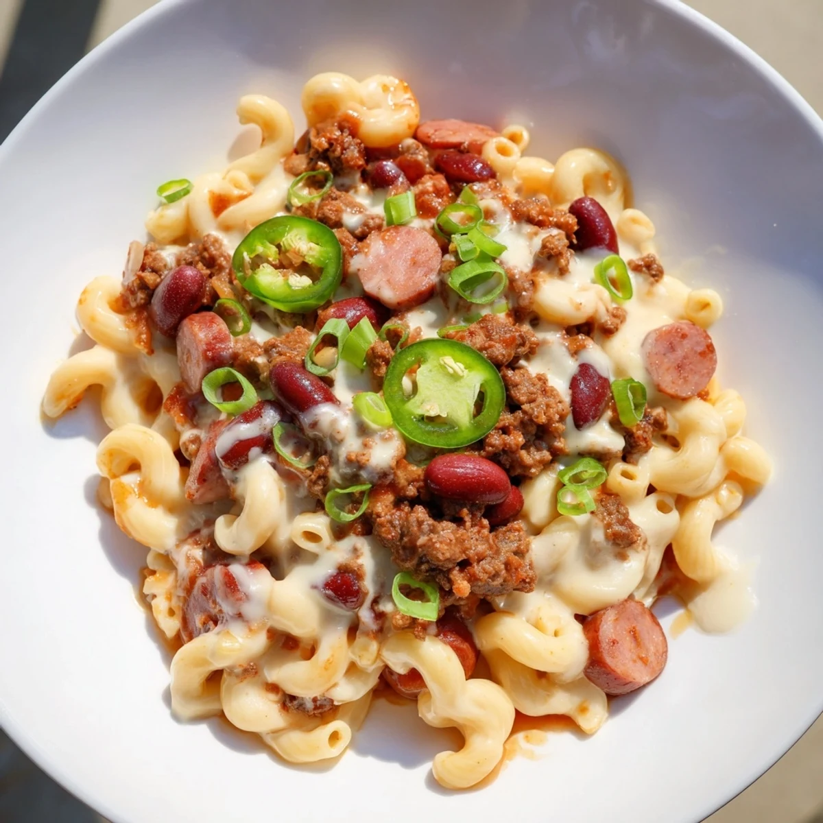 Creamy, cheesy Chili Cheese Dog Mac & Cheese, with a golden, bubbly top and a savory aroma.