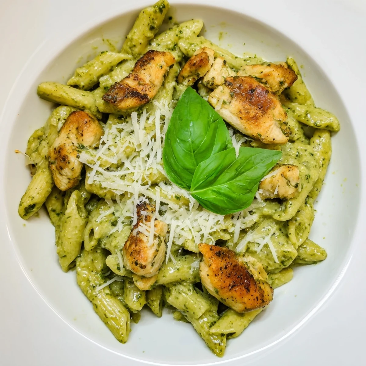 Creamy pesto penne & chicken, a vibrant Italian dish with tender chicken coated in rich, green sauce.