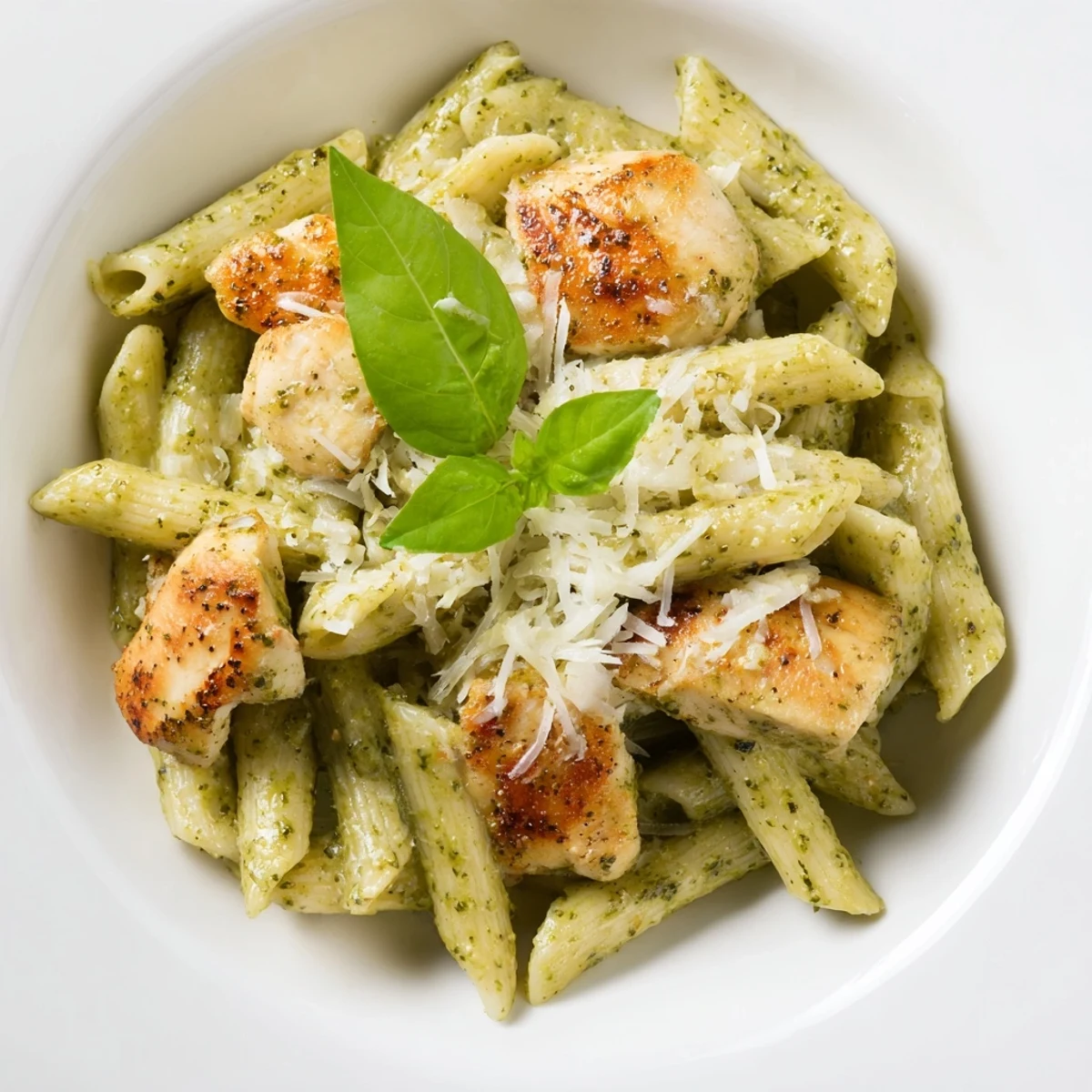 Al dente penne pasta surrounded by a creamy pesto sauce, served with golden chicken; a delicious meal.