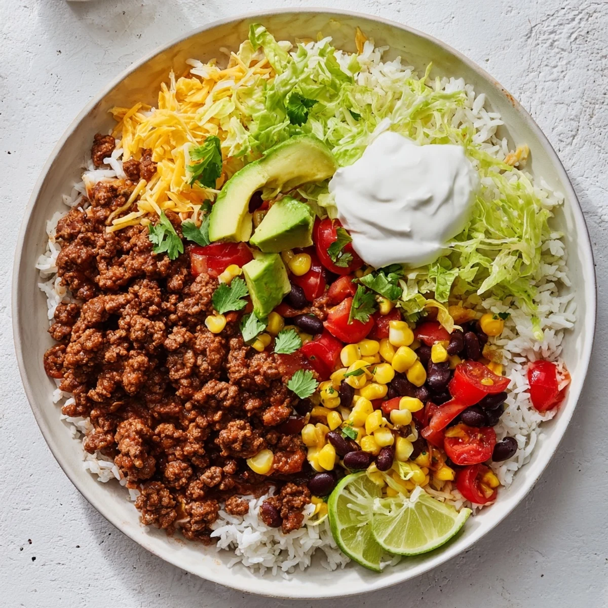Steaming Loaded Beef Burrito Bowls layered with seasoned beef, rice, and fresh, colorful toppings, yum!