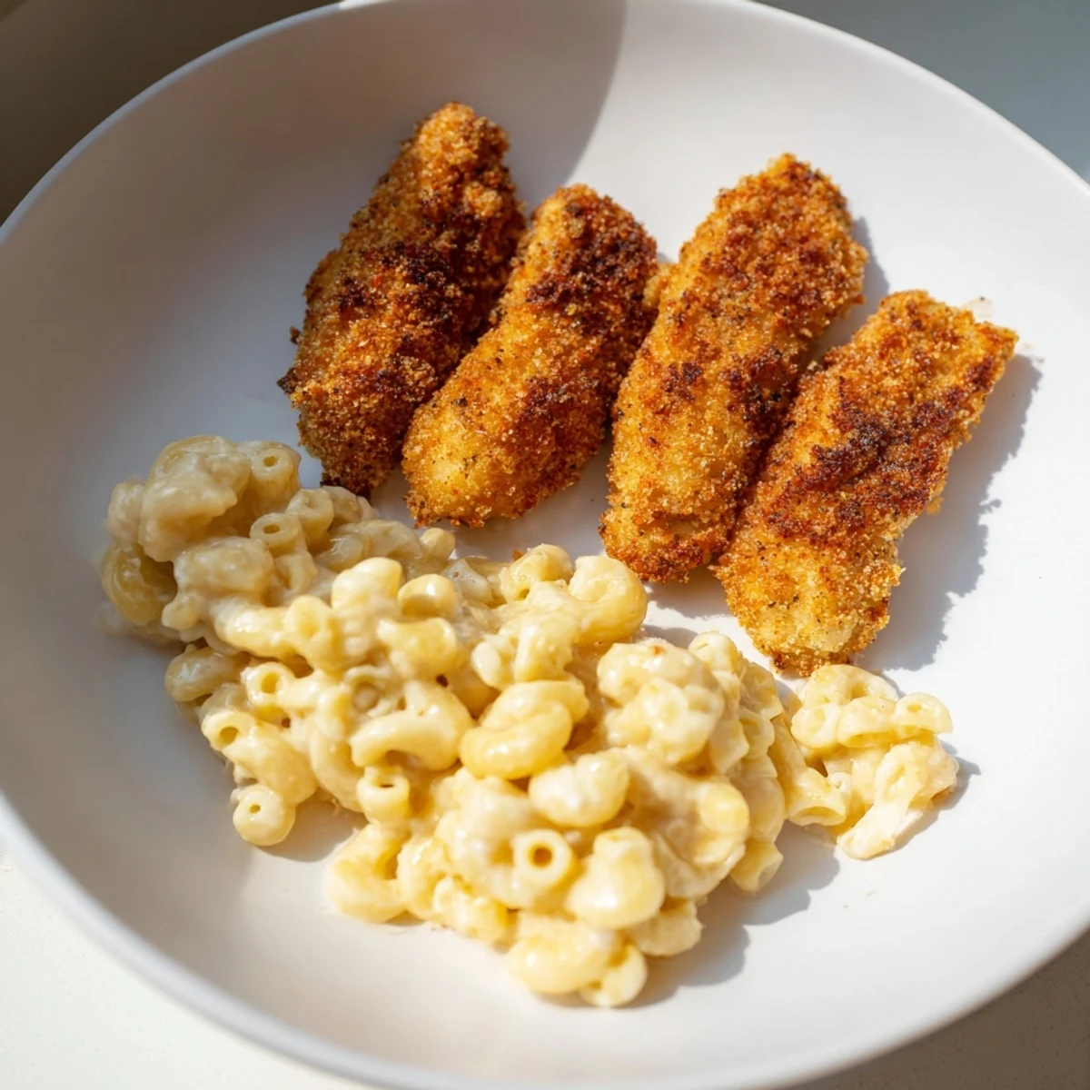 Plateful of crispy chicken tenders paired with warm, cheesy macaroni and cheese for a tasty meal.
