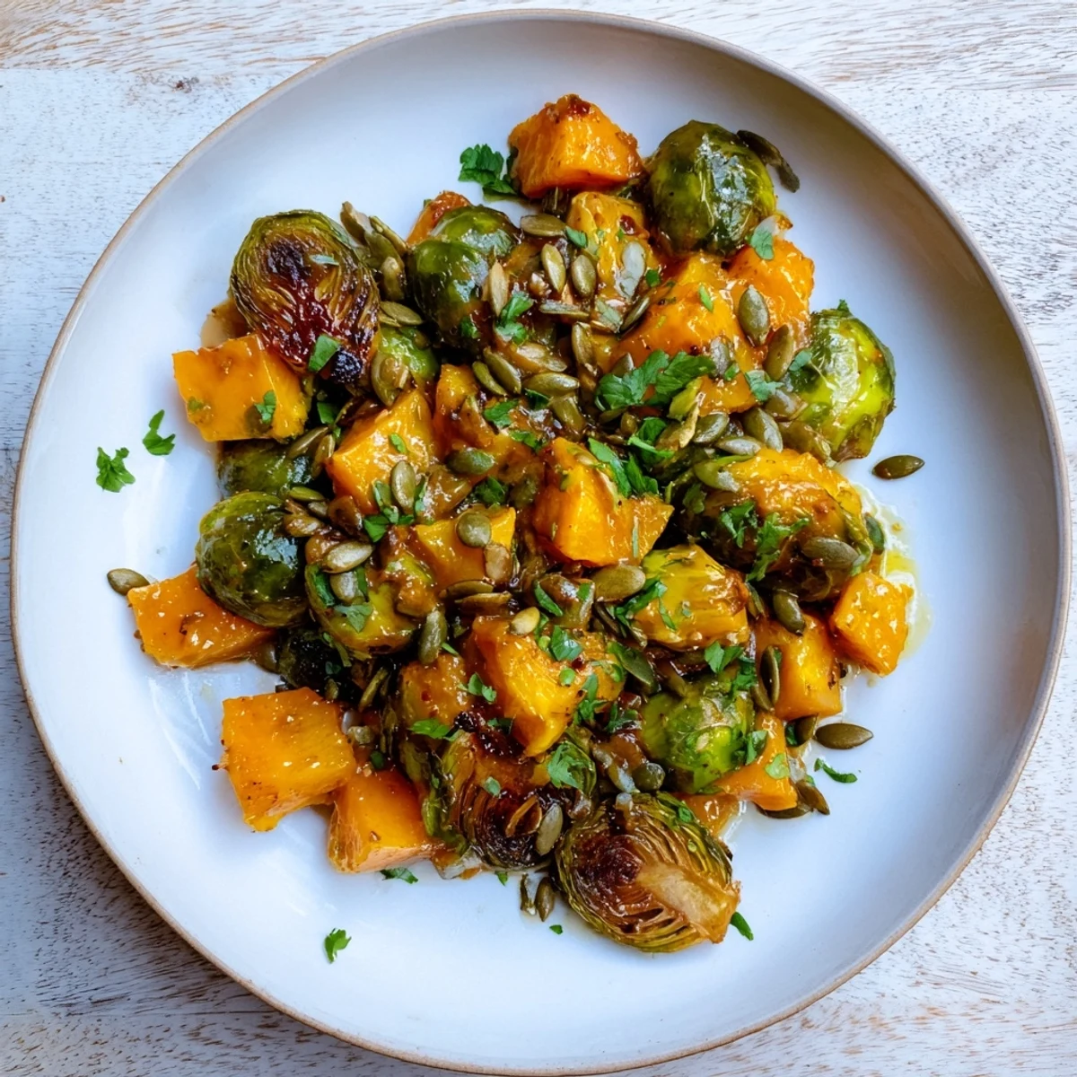 Tender Roasted Brussels Sprouts & Butternut Squash, drizzled generously with bright citrus orange dressing.
