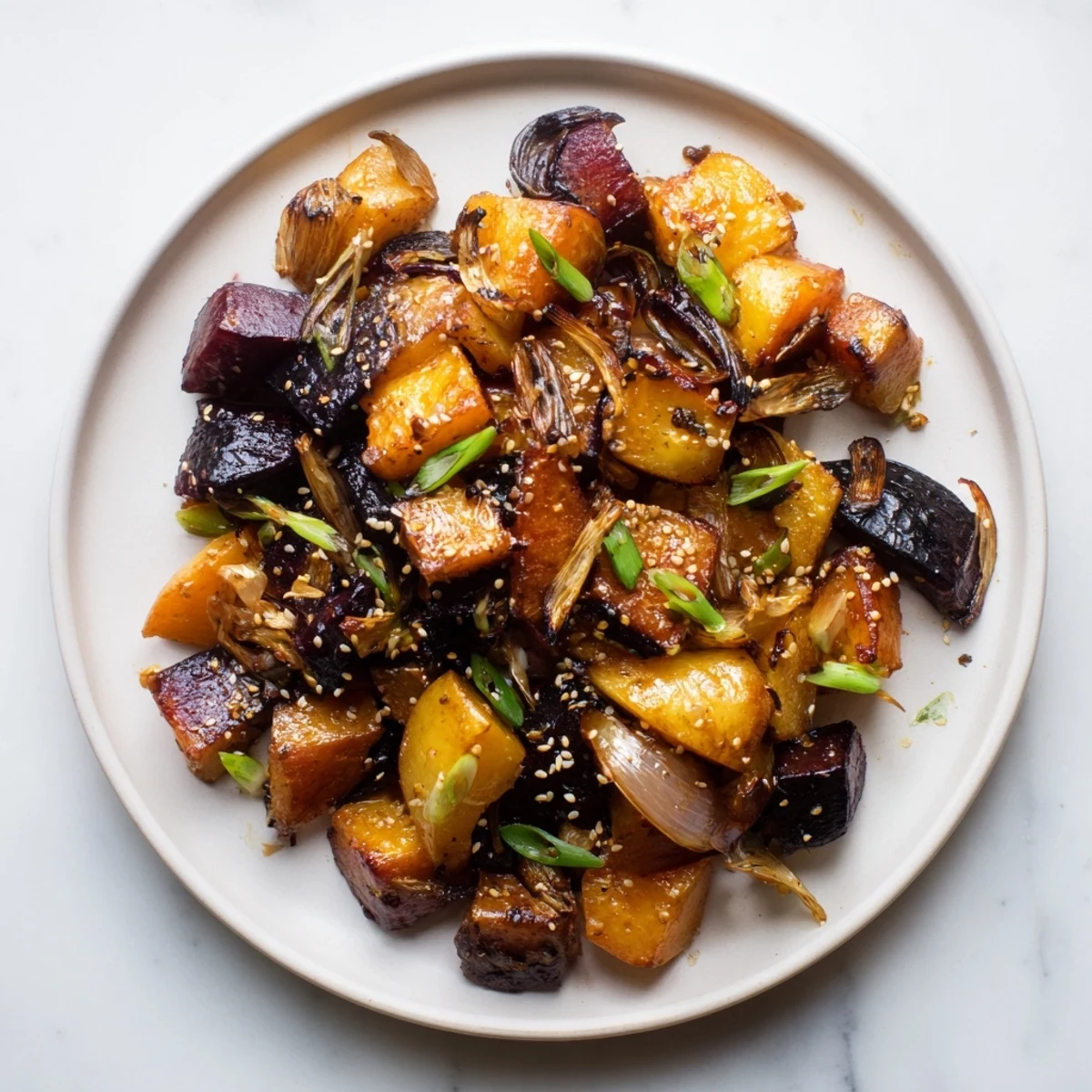 Golden-brown Miso Roasted Winter Vegetables, steaming hot, ready for your plate with optional sesame seeds.