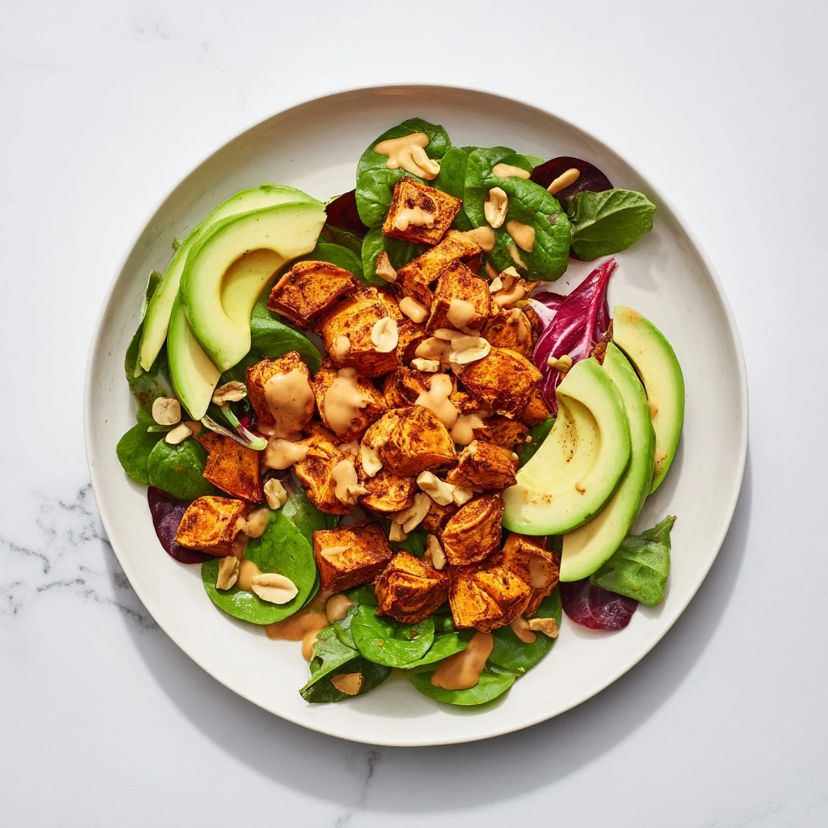 Golden and spiced, the Spiced Peanut Sweet Potato & Radicchio Salad Bowl is richly flavorful and healthy.