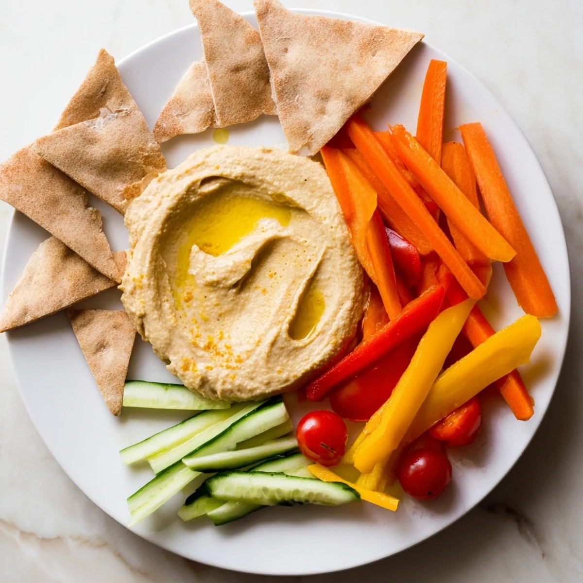 Creamy DIY hummus surrounded by warm pita bread, fresh veggie sticks, perfect Mediterranean appetizer.