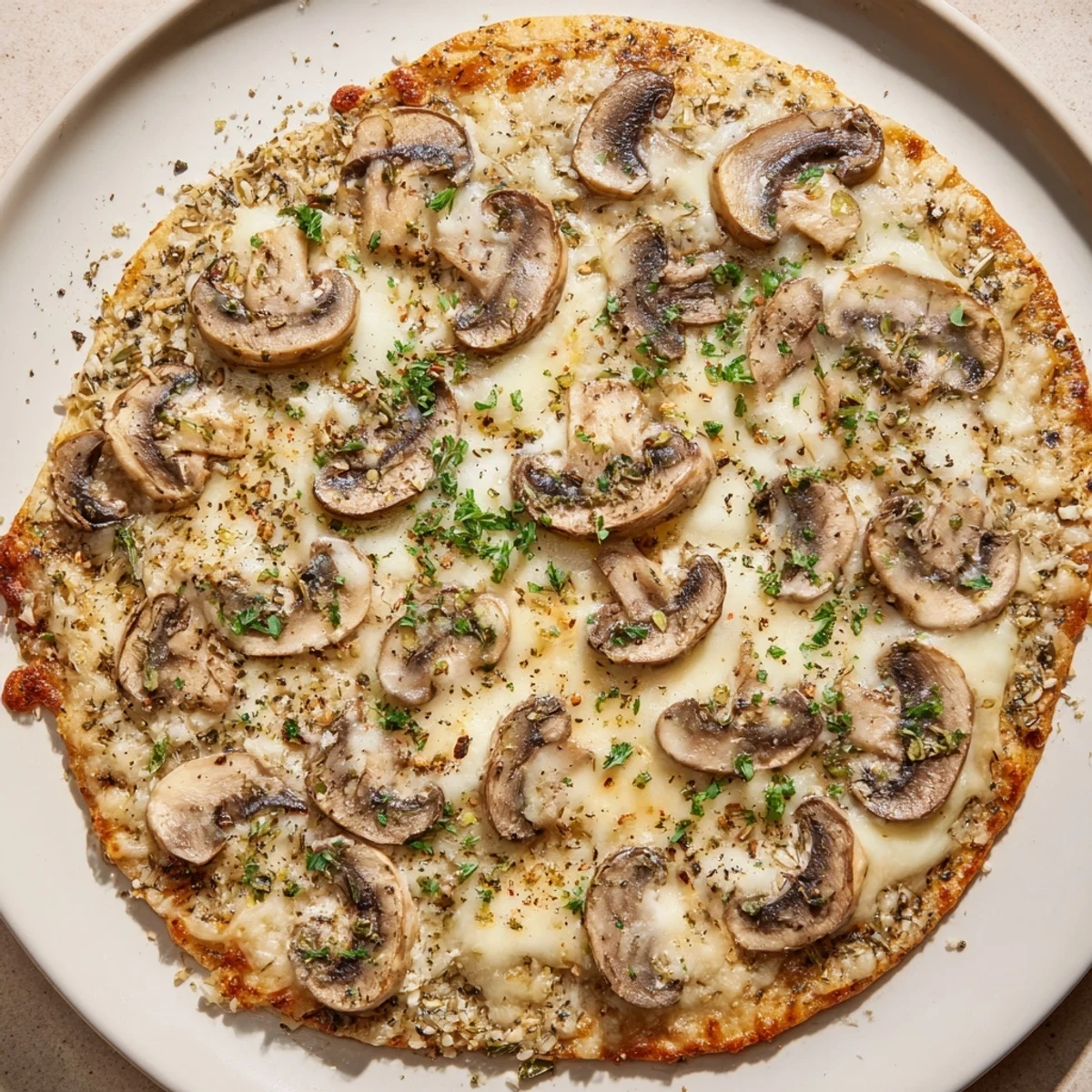 A close-up view of a baked frozen pizza upgrade showcasing melted cheese and savory mushroom toppings.