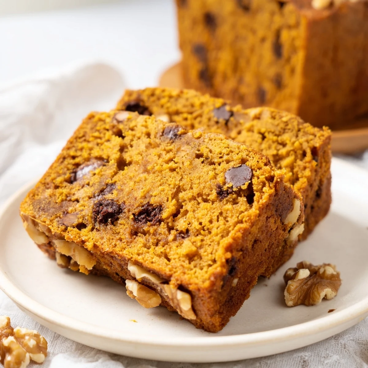 Warm spiced pumpkin bread loaf, golden brown and moist, ready to slice and enjoy.