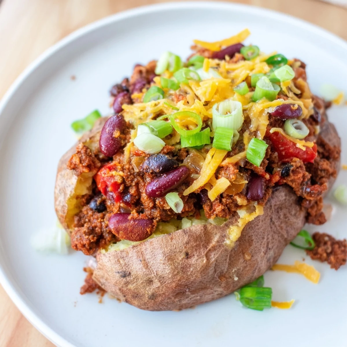 Steaming, flavorful chili-style baked potatoes ready to be loaded with your favorite toppings for a delightful meal.