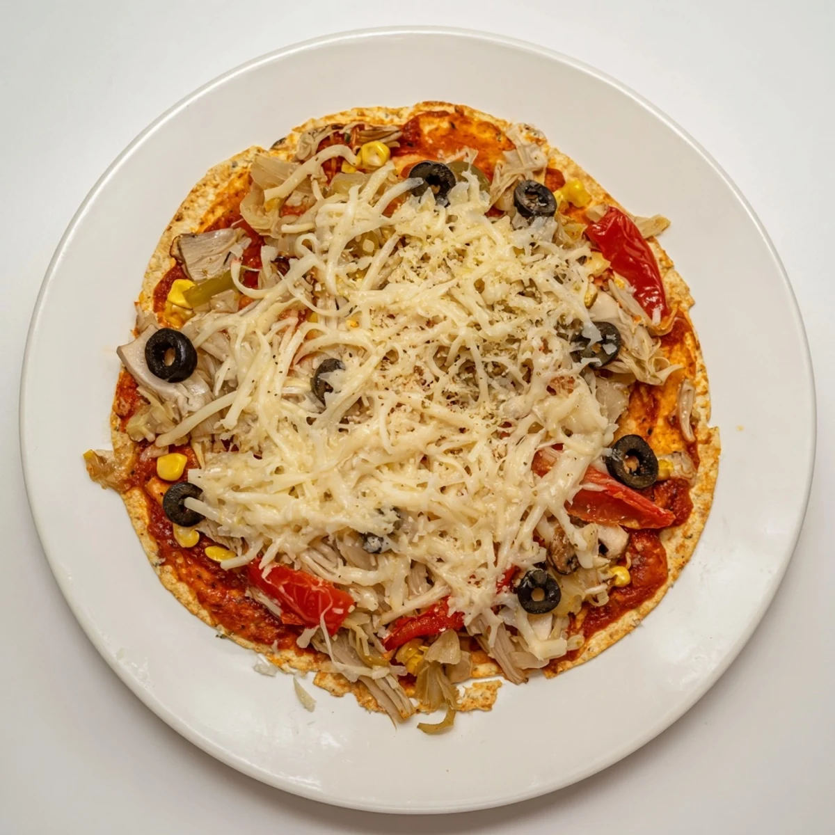 A perfectly-baked tortilla pizza with bubbly cheese and classic pantry toppings.