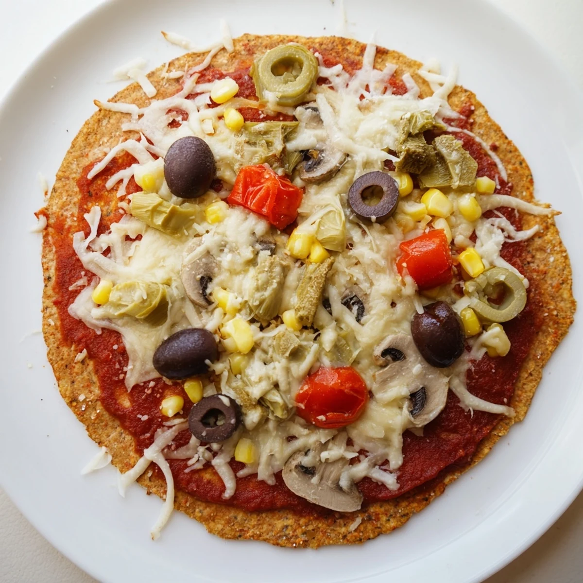 Fresh-baked tortilla pizza showcases a delightful medley of pantry ingredients perfect for a quick dinner.