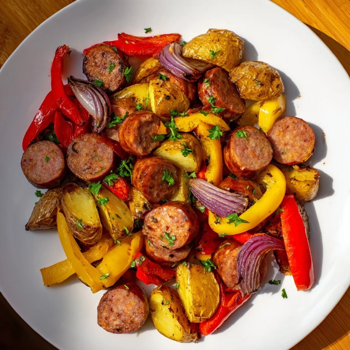 Golden potatoes and vibrant peppers share a sheet pan with perfectly cooked Sheet-Pan Sausage with Peppers.