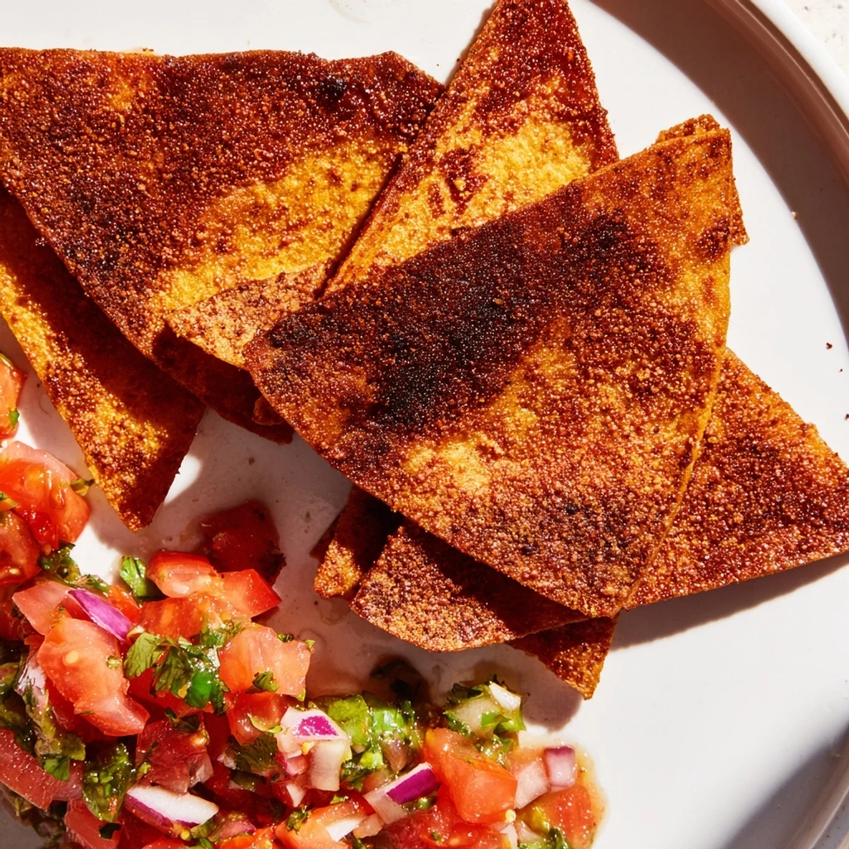 Crispy air-fryer tortilla chips, dusted with spices, ready for dipping into the salsa.