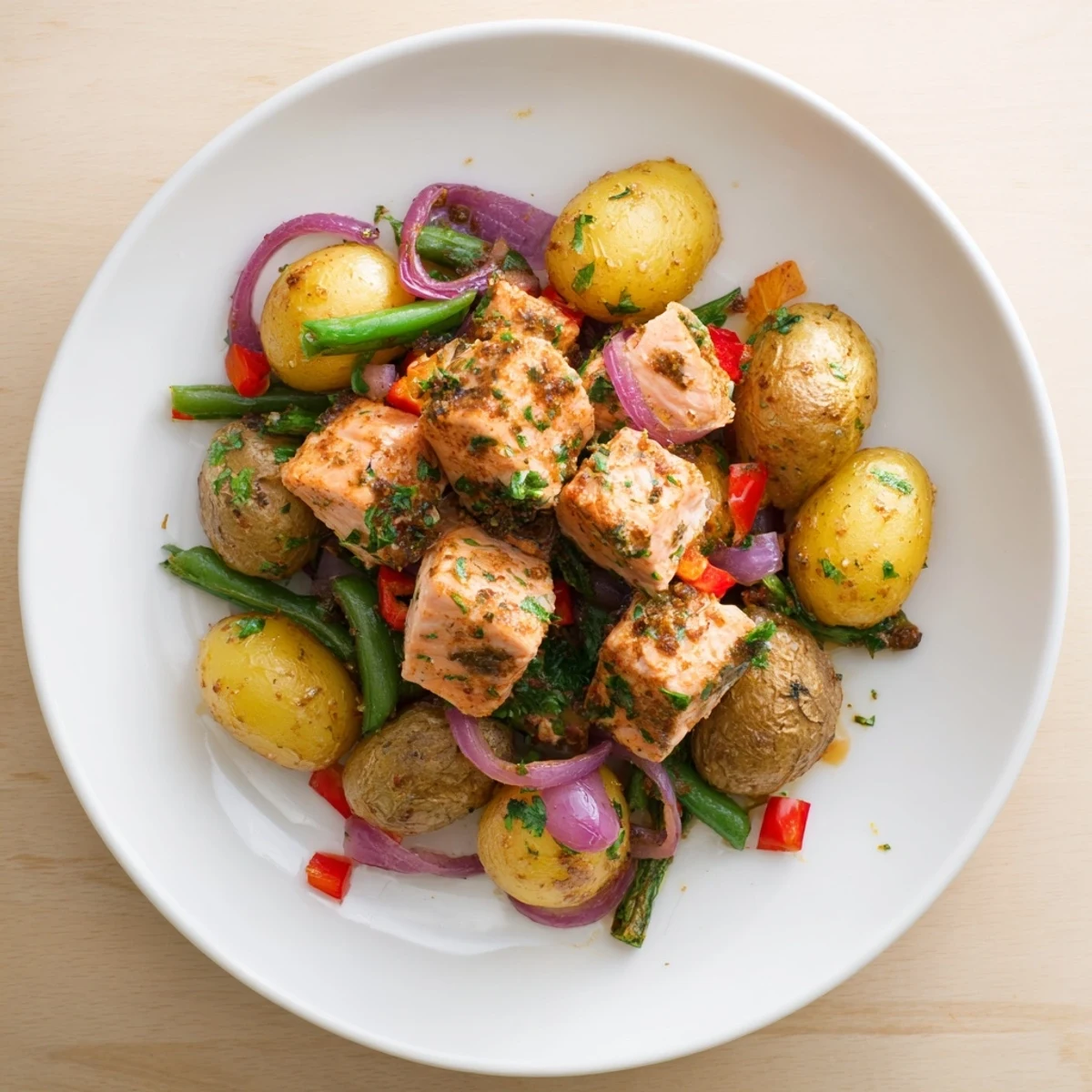 Savory Salmon & Potato Skillet with golden potatoes, flaky salmon, and fresh parsley garnish.