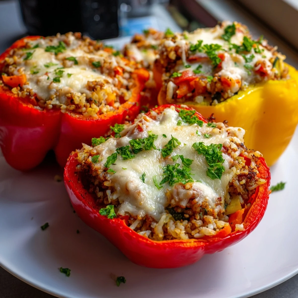Golden, cheesy Stuffed Peppers with Ground Turkey and Rice sit ready to serve, a hearty American dinner.