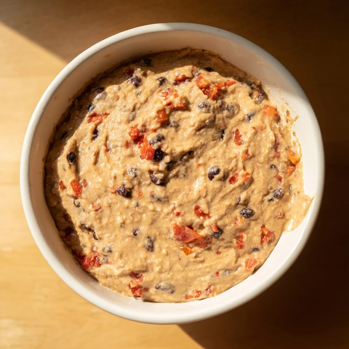 Homemade spicy black bean dip swirls in the food processor, ready for an easy snack.