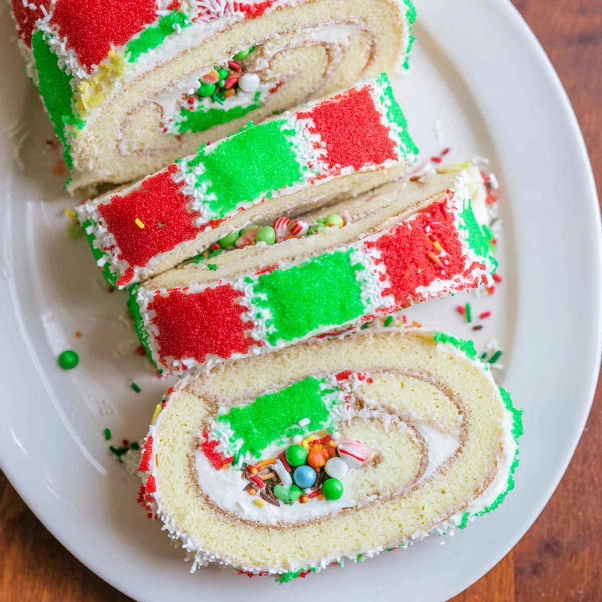 Vibrant Ugly Sweater Cake Roll decorated with festive sprinkles, perfect for holiday gatherings or a family treat.