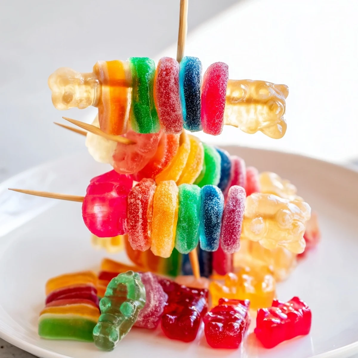 Vibrant gummy candy kabobs, a rainbow array of sweets on skewers for a fun party dessert.