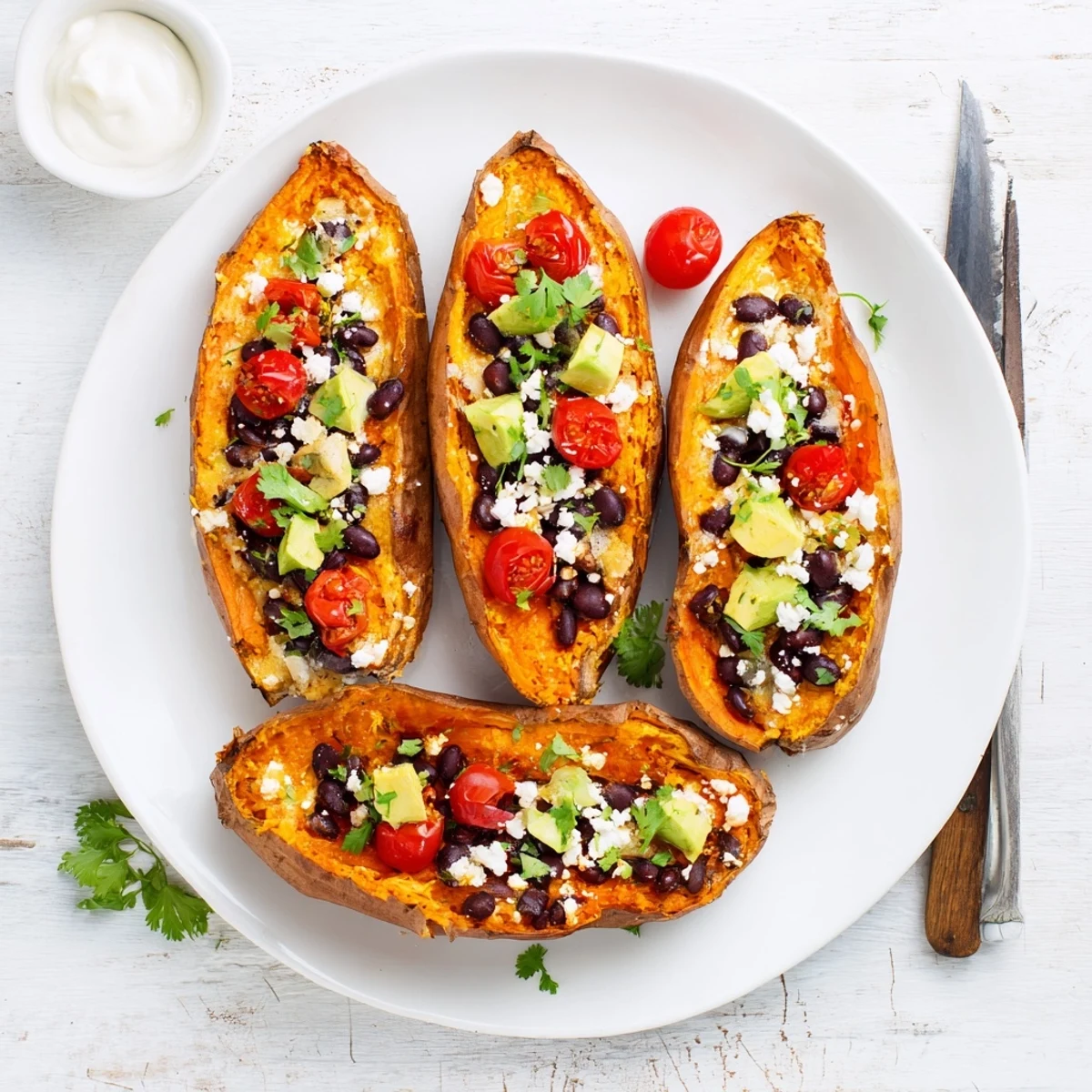 Fluffy, roasted Loaded Baked Sweet Potatoes brimming with black beans, avocado, and fresh cilantro.