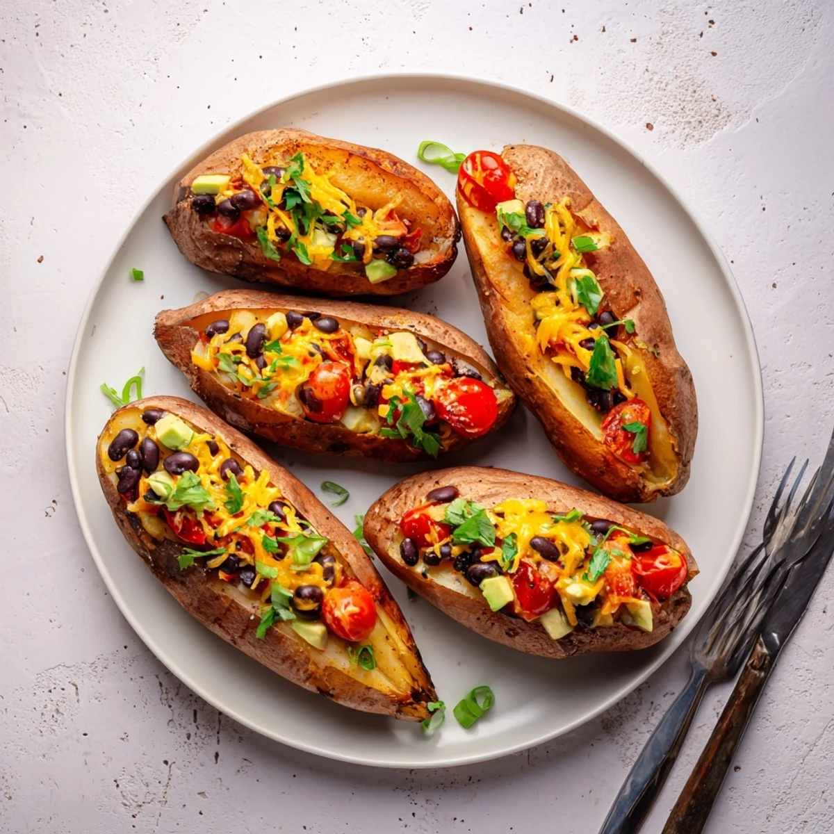 Scrumptious Loaded Baked Sweet Potatoes, described as warm, soft, and bursting with colorful, fresh toppings.