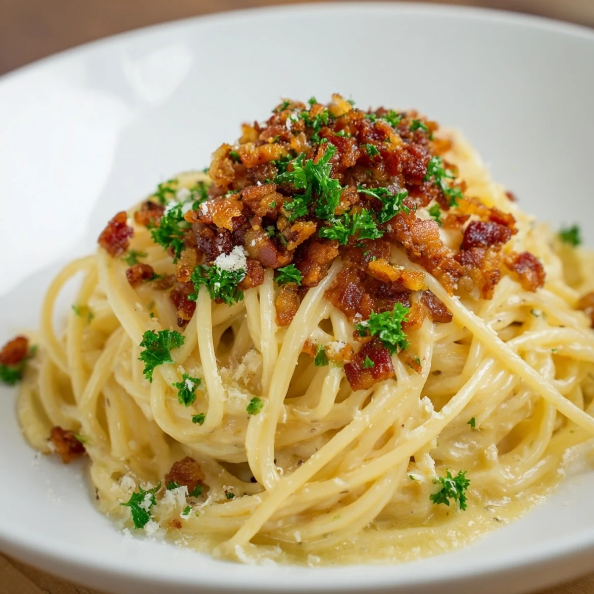 A close-up of creamy Garlic Butter Pasta shows perfectly cooked pasta, ready to be enjoyed.
