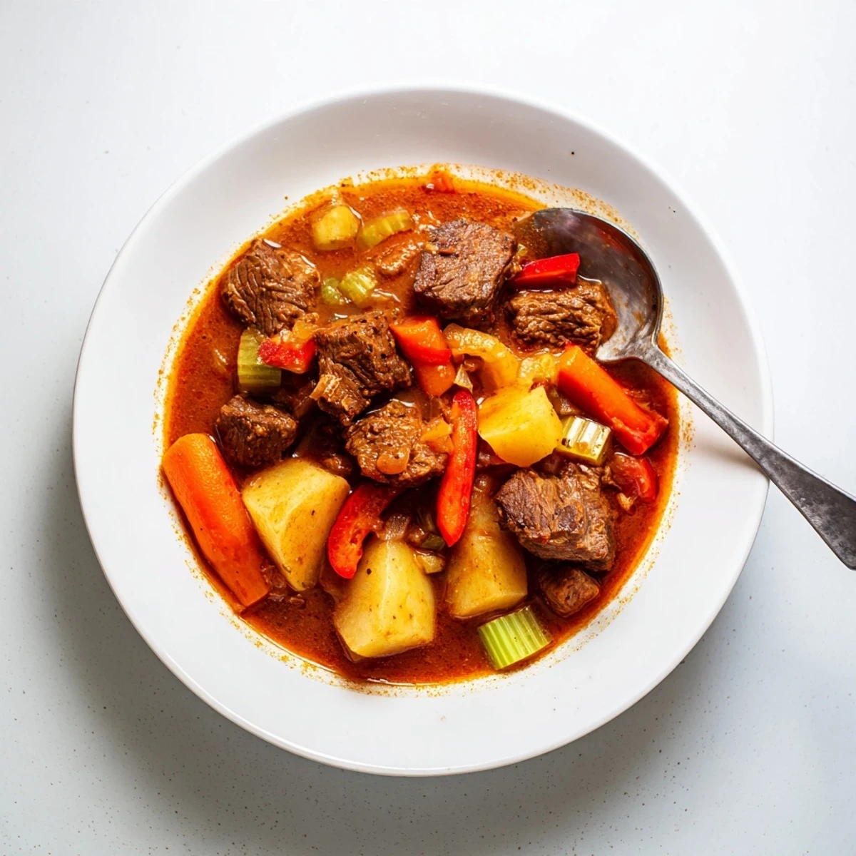This comforting Smoked Paprika & Garlic Beef Stew showcases chunks of beef in a deep, flavorful broth.