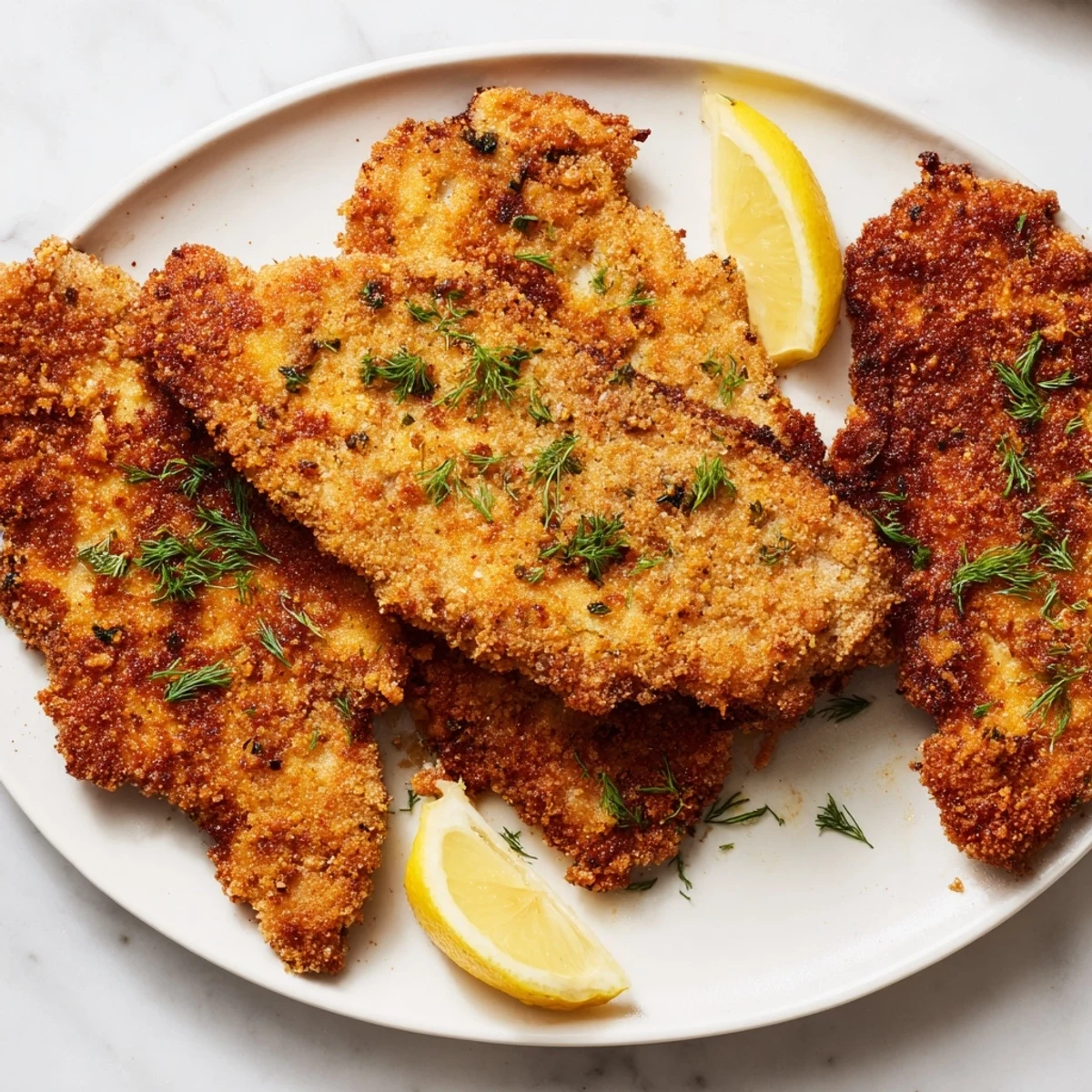 Golden, crispy pickle-brined chicken cutlets ready to enjoy with a squeeze of fresh lemon.