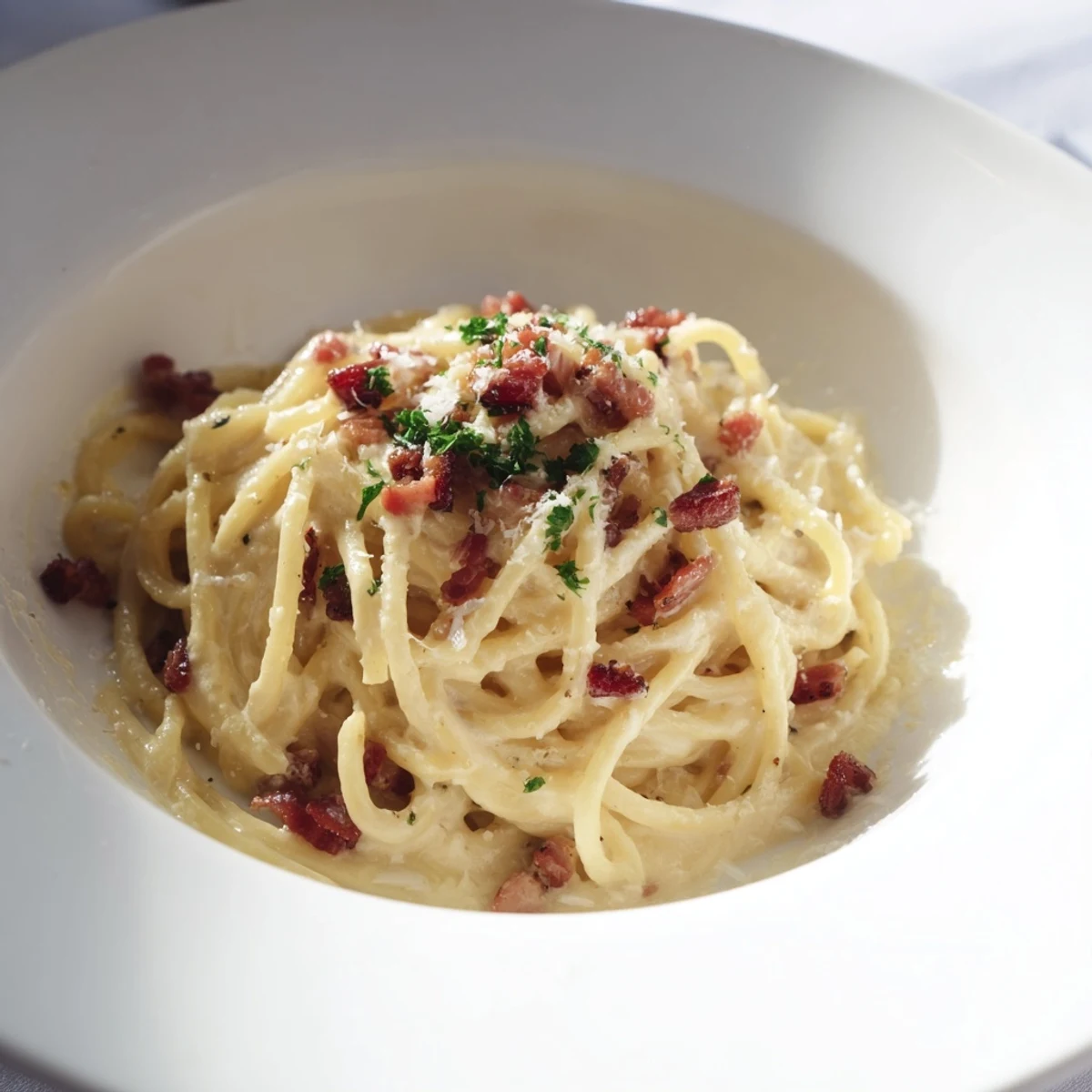 A close-up shot of flavorful Carbonara Ramen Fusion, rich with cheese and perfectly cooked noodles.