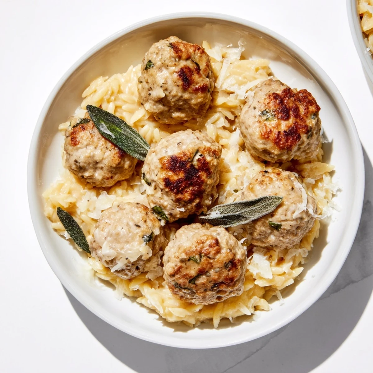 Golden, warming Sage Turkey Meatballs with Pumpkin Orzo, a complete, fall-flavored dinner.