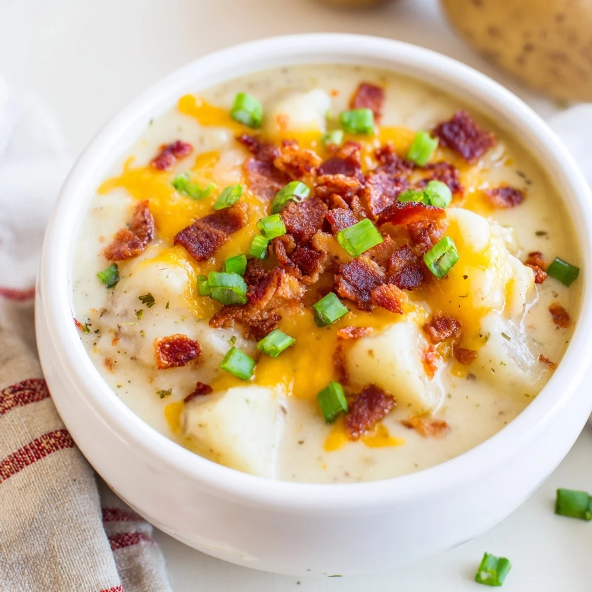 Crockpot Loaded Baked Potato Soup: a creamy, cheesy bowl, garnished with bacon and green onions, perfect for a cold evening.