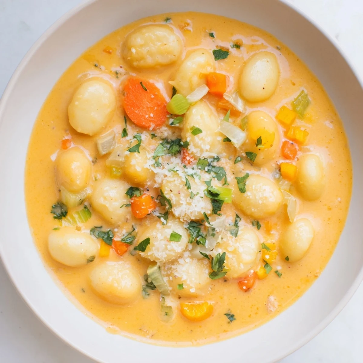 Steaming bowl of Savory Butternut Squash Gnocchi Soup, garnished with vibrant green parsley and Parmesan.