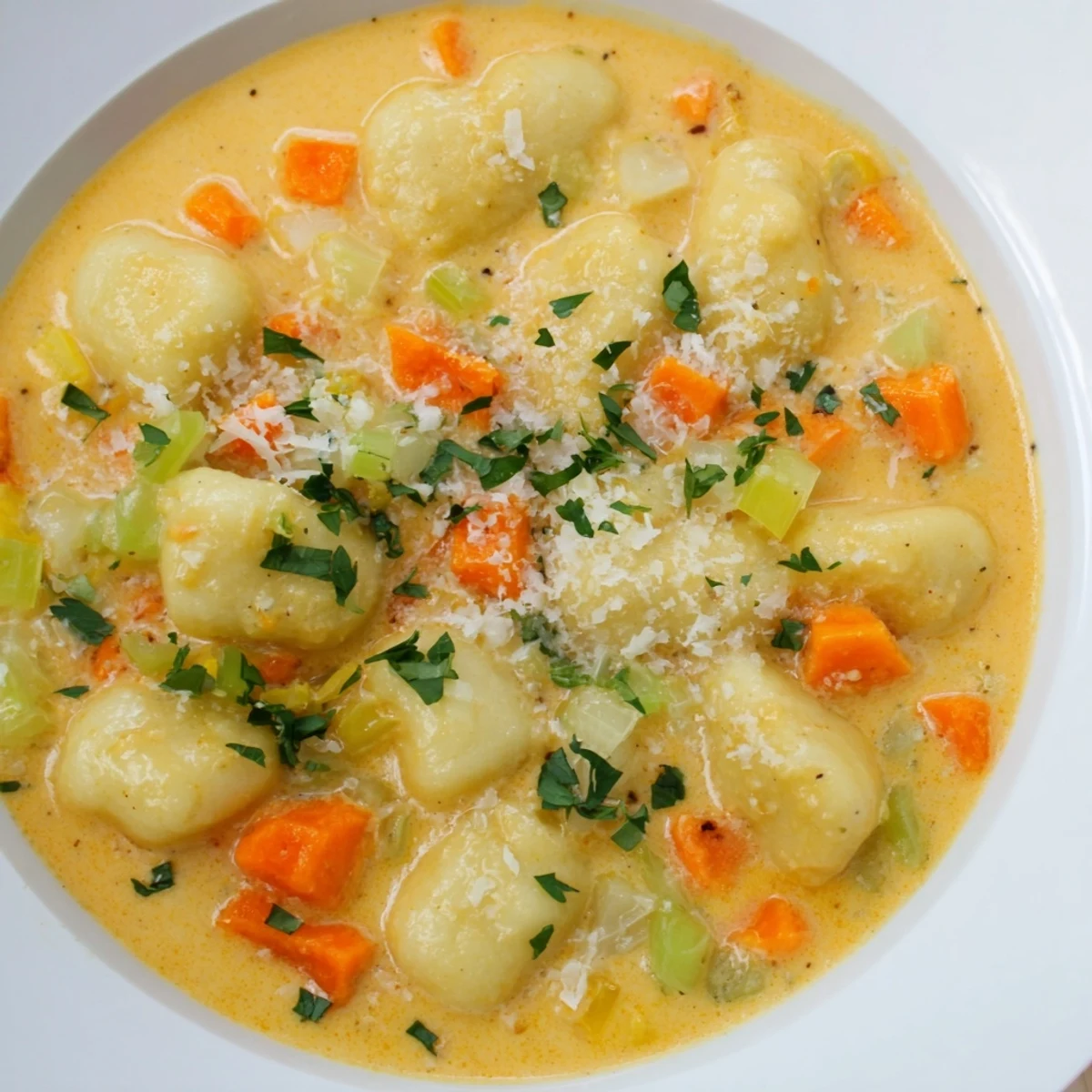 Warm and inviting close-up view: Savory Butternut Squash Gnocchi Soup with soft, pillowy gnocchi.