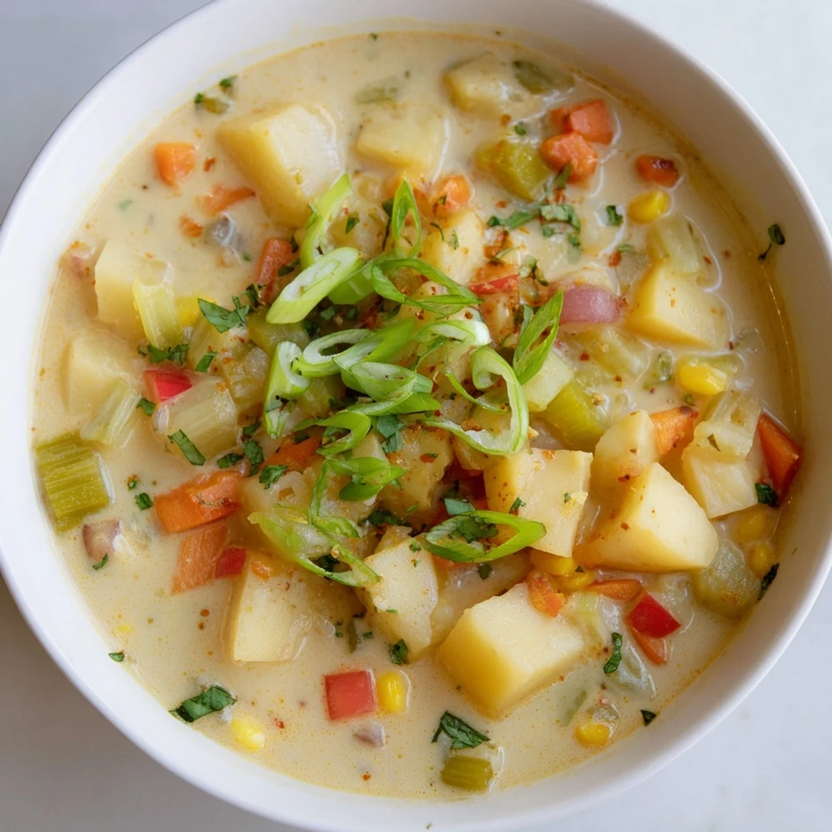 Creamy, steamy Slow Cooker Cajun Potato Soup, garnished with green onions, ready to serve and enjoy.