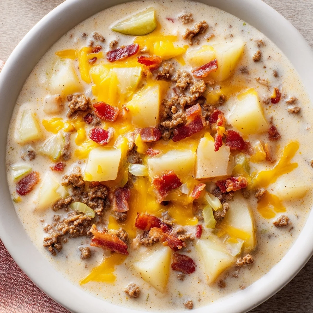 Crockpot Cheeseburger Soup overflowing a bowl, boasting melted cheese and crispy bacon, ready to savor.